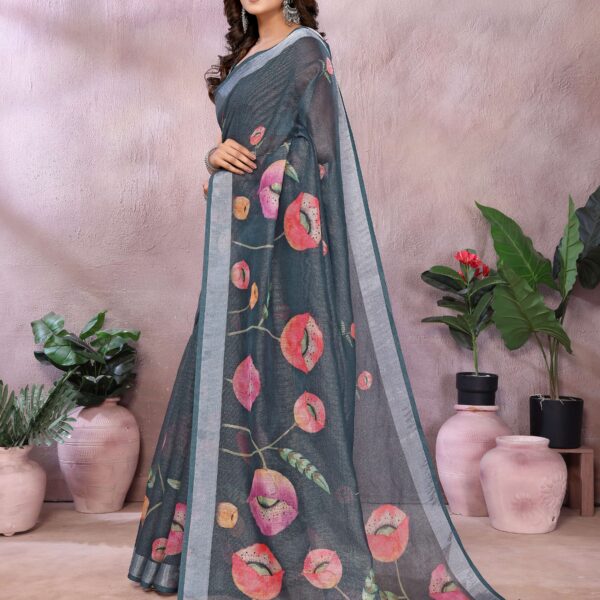 Grey Floral Linen Shimmer Saree with Pink & Peach Prints ? Elegant Festive Wear