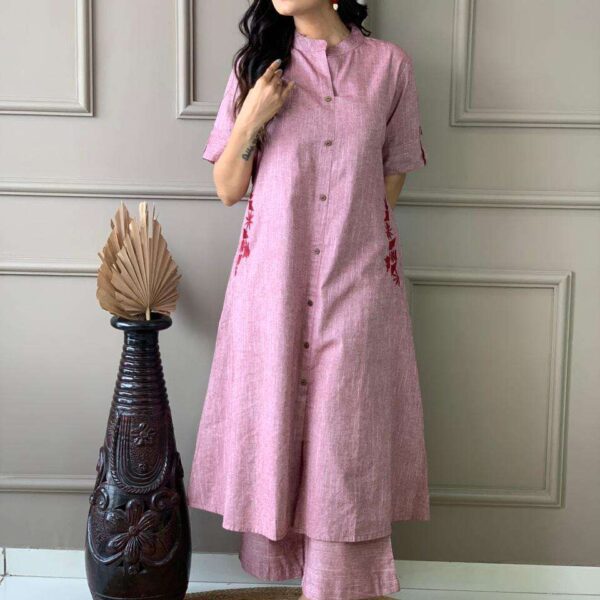 Women's Cotton Embroiderd Long A-Line Kurti with Palazzo