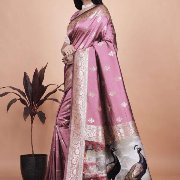 Rosewood Pink Banarasi Silk Saree with Golden Zari & Peacock Pallu | Wedding, Festive & Traditional Wear