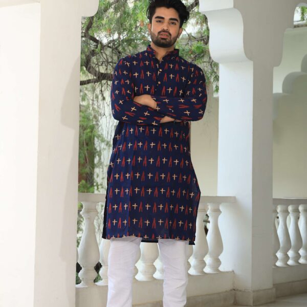 Mens Navy Blue Printed Cotton Kurta with White Pajama ? Stylish Ethnic Wear for Weddings & Festive Celebrations