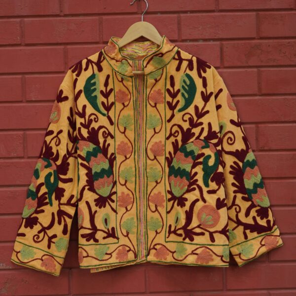 Womens Yellow Velvet Embroidered Jacket with Floral Design