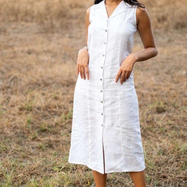 Women's Cotton Solid Oversized Fit Spread Collar Sleeveless Dresses ( White )