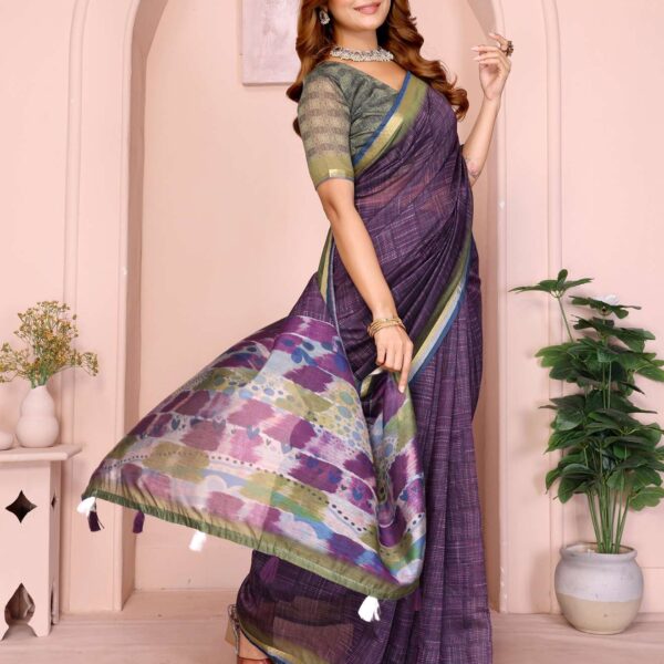 Purple & Green Black Chanderi Saree ? Dual-Toned Border with Abstract Multicolor Pallu