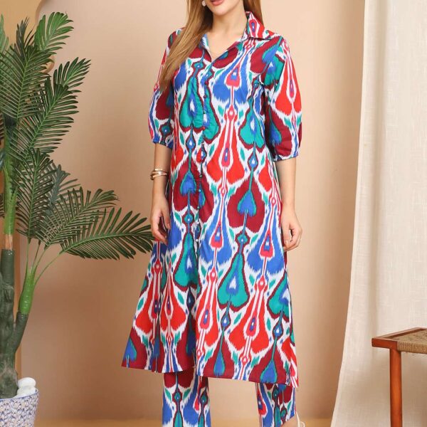 Women's Pure Cotton Printed Collared Top and Pant Co-ord Set (Multti Color5)