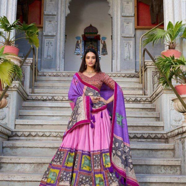 Purple Tussar Silk Lehenga Choli with Baby Pink Blouse | Kalamkari & Foil Work | Wedding & Festive Wear