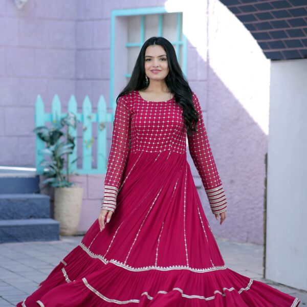 Pink Faux Blooming Designer Gown with Sequins & Zari Embroidery ? Premium Ready-to-Wear Collection