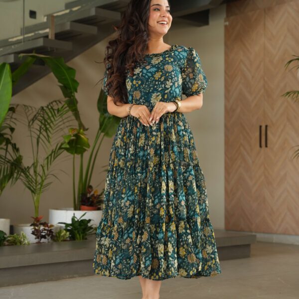Green Premium Faux Georgette Printed Gown ? Half Sleeve, Full Flair