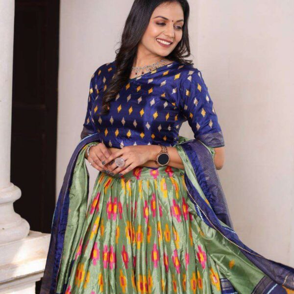 Olive Green Dola Silk Lehenga Choli with Blue Blouse | Patola Print & Foil Work | Wedding & Festive Wear