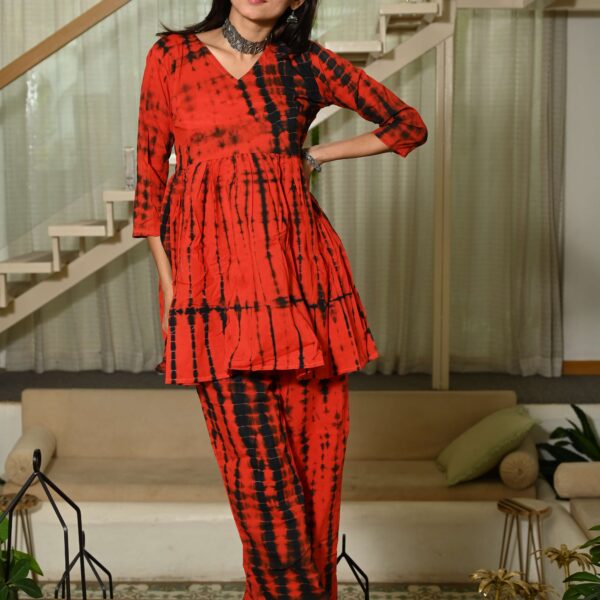 Red Floral Block Print Cotton Co-ord Set for Women ? Peplum Kurta with Straight Pants