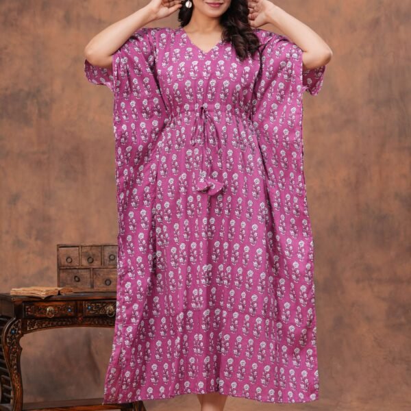 Women's Pink Cotton Floral Printed Kaftan Dress with Drawstring Waist