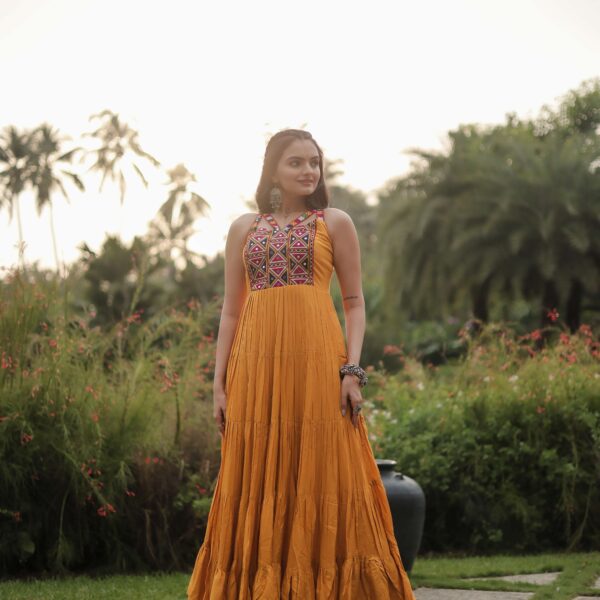 Yellow Navratri Reyon Gown with Kutchi Gamthi Work ? Fully Flared Designer Dress