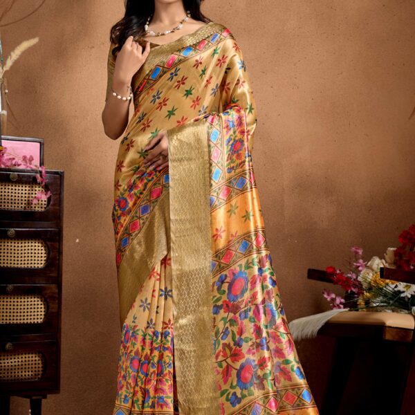 Golden Soft Silk Blend Saree with Multicolor Floral & Geometric Weave
