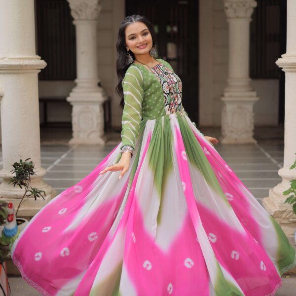 Pista Faux Georgette Bandhej Navratri Gown with Gamthi Embroidery & Mirror Work ? Elegant Ethnic Wear for Women