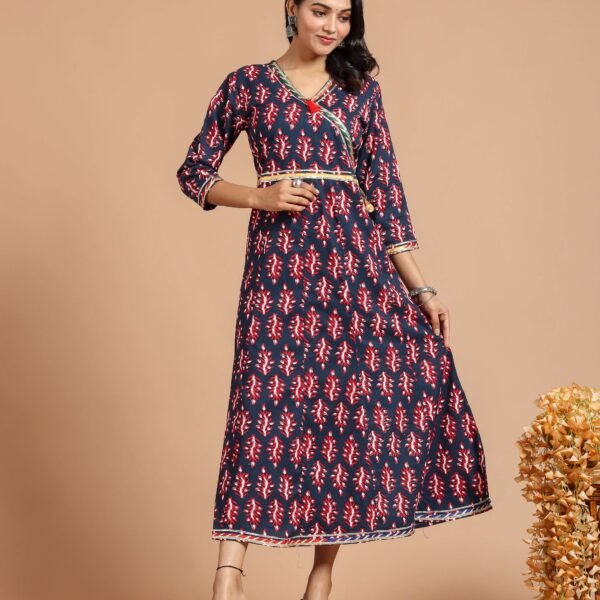 Navy Blue Printed Anarkali Maxi Dress with Wrap Style V-Neck & 3/4 Sleeves