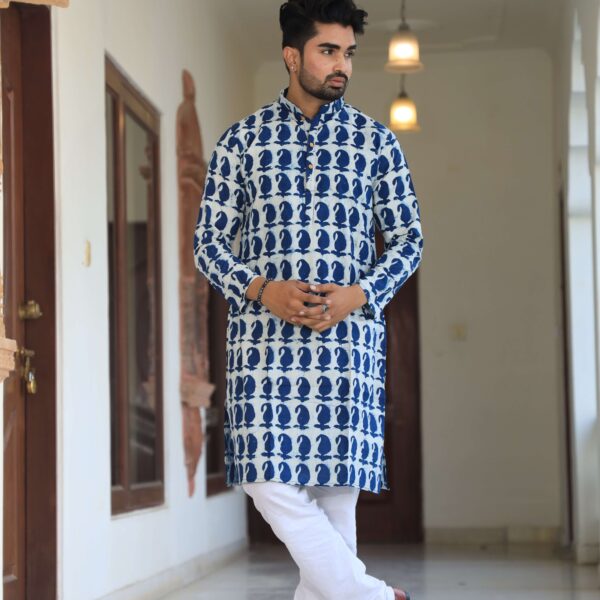 Mens White and Blue Printed Cotton Kurta with White Pajama ? Trendy Festive & Casual Wear