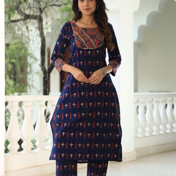 Women?s Navy Blue Cotton Kurta Set with Pants
