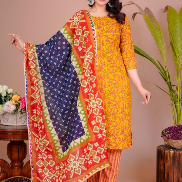 Women's Yellow Cotton Printed Straight Kurti with Pant & Dupatta Set