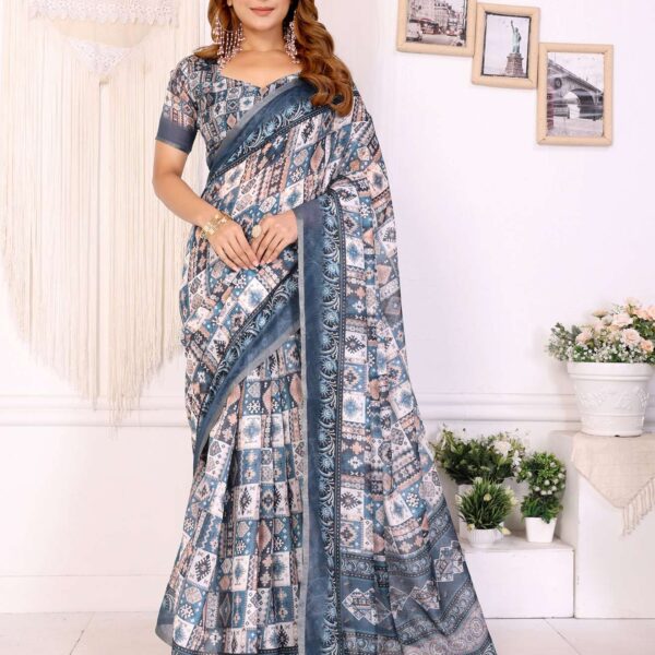Stylish White Chanderi Saree with Digital Geometric Print ? Modern & Elegant