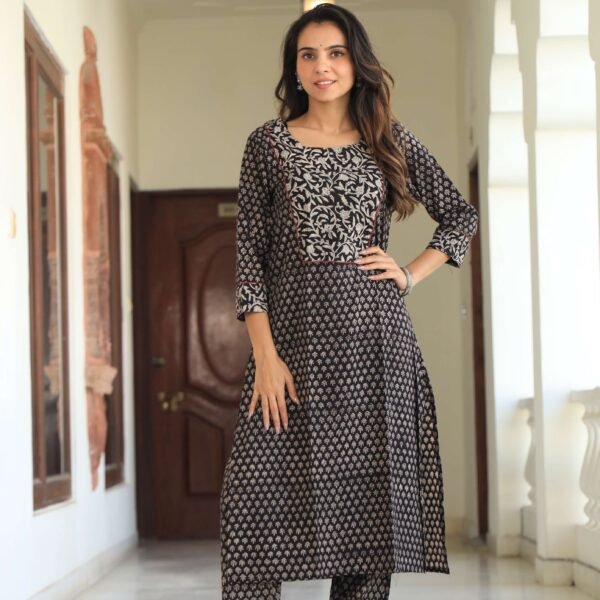 Black & Brown Printed Cotton Kurta Set for Women ? Embroidered Neckline & Straight Pants