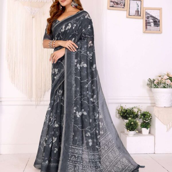 Charcoal Grey Chanderi Saree with Elegant White Floral Prints ? Perfect Festive & Wedding Wear