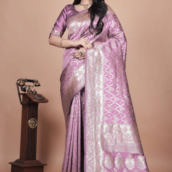 Lavender Banarasi Silk Saree with Silver Zari Geometric & Floral Weaving | Wedding & Festive Traditional Saree