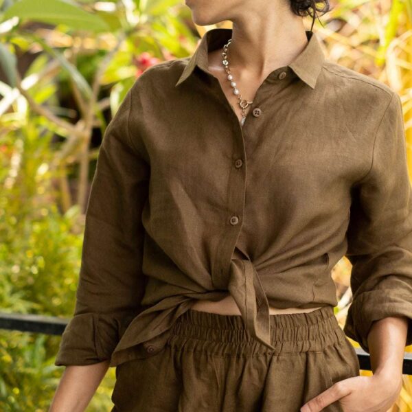 Women's Cotton Solid Pain Straight Shirt With Wide Leg Palazzo Pant Casual Summer Collection Cord Set( Brown )