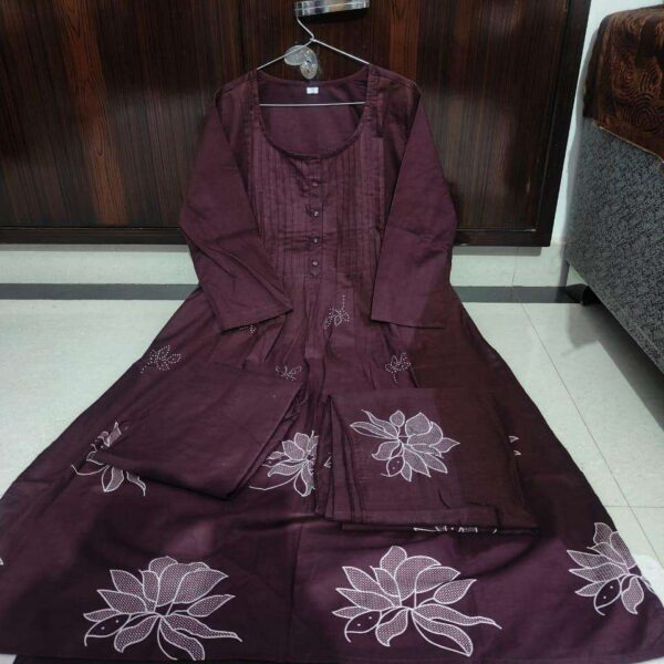 Women's Cotton Embroidery Floral Printed Long Straight Kurti With Pant And Dupatta Set