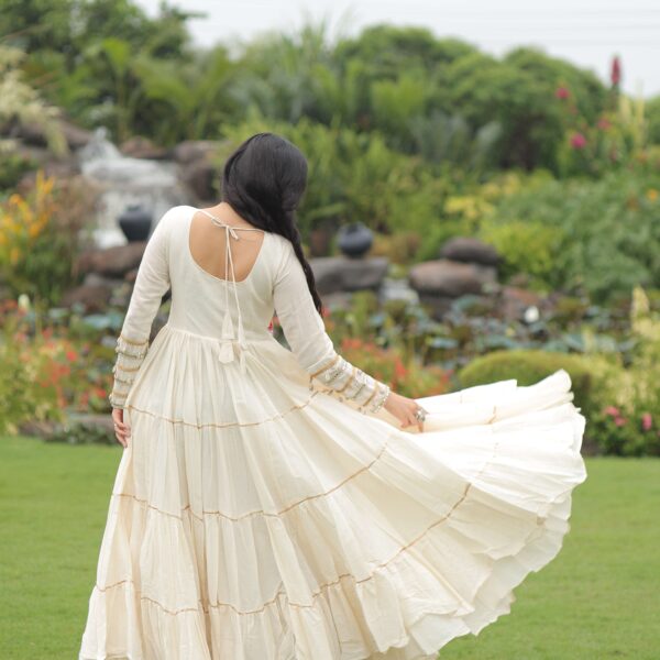 White Navratri Special Off-White Designer Gown in Kora Cotton with Multi-Thread & Gota Patti Work