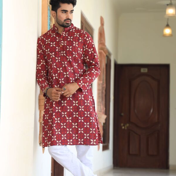 Mens Red Floral Printed Cotton Kurta with White Pajama ? Traditional Ethnic Wear for Festive & Wedding