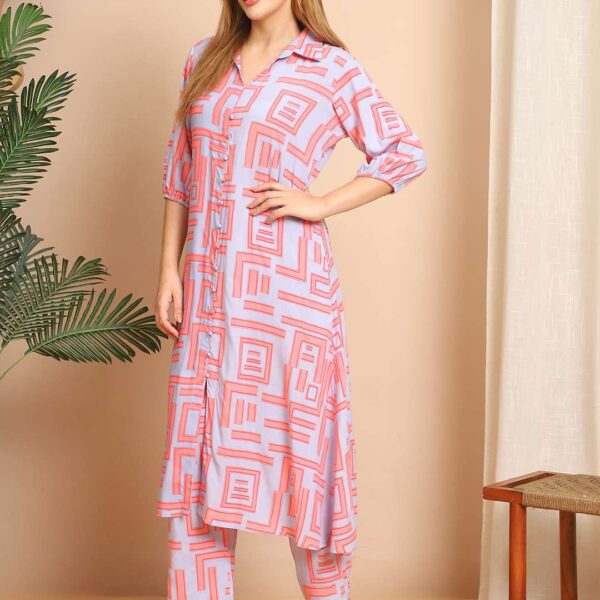 Women's Pure Cotton Printed Collared Top and Pant Co-ord Set (Pink Gr)
