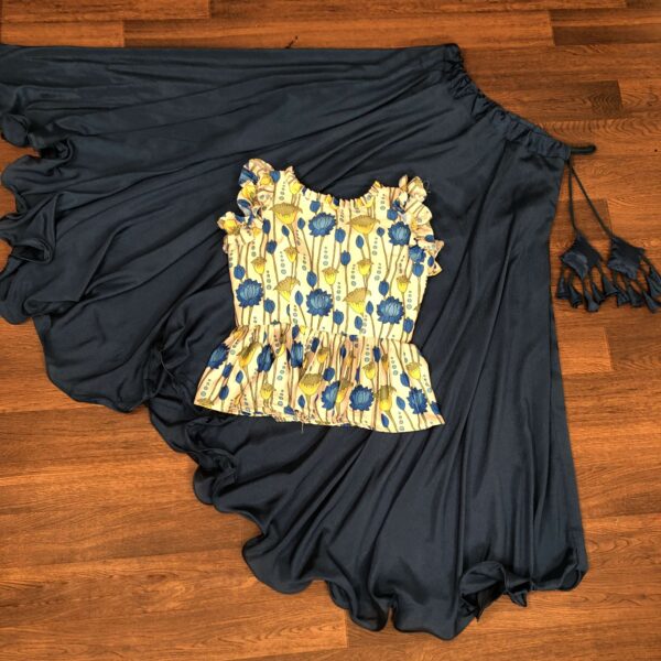 Premium Chinnon Lehenga with Kalamkari Print Maslin Satin Peplum Blouse