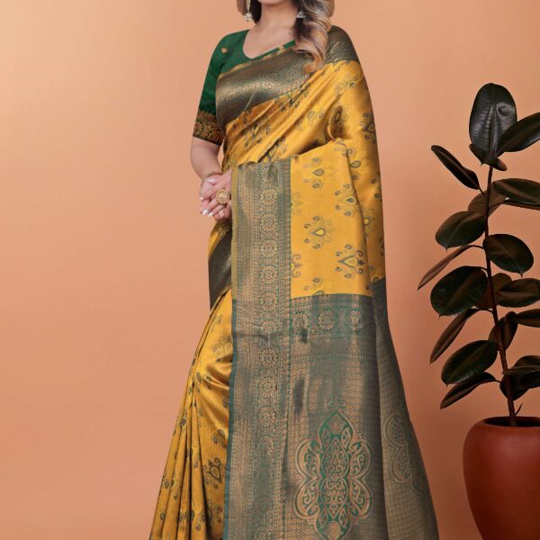 Regal Glow Mustard Yellow & Emerald Green Banarasi Silk Saree with Zari Work | Wedding, Festive & Temple Occasion Wear