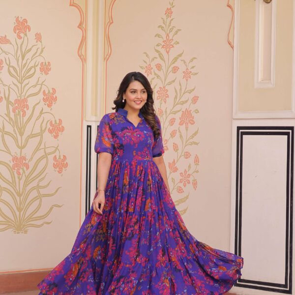 Purple Premium Faux Georgette Printed Full Flair Gown ? Collection