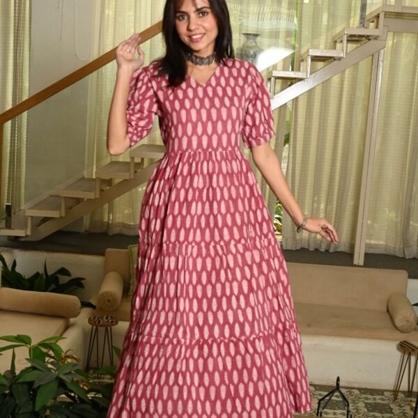 Red Printed Cotton Anarkali Maxi Dress with Puff Sleeves Elegant Casual Wear