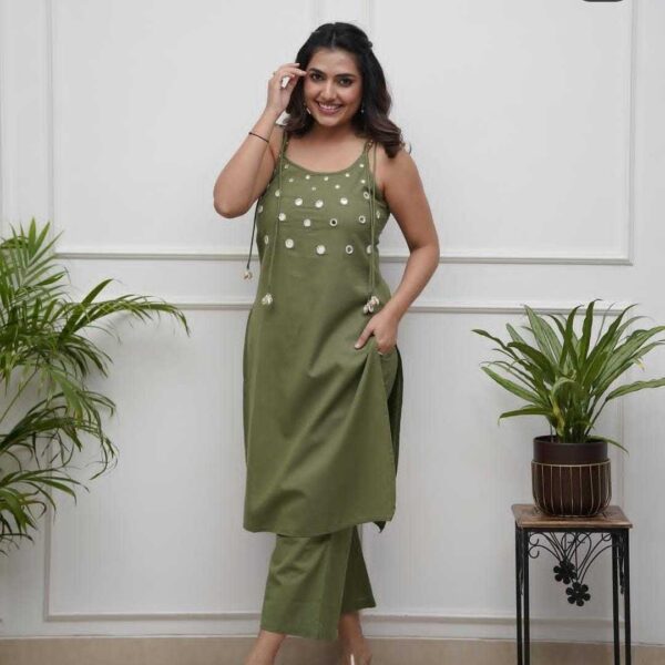 Women's Cotton Embroidery Sleeveless Kurti With Ankle length Pant Set