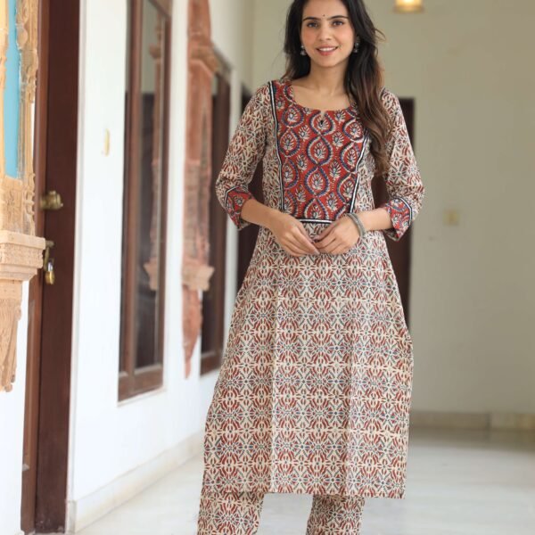 Beige & Red Cotton Printed Kurta Set for Women ? Contrast Yoke & Straight Pants