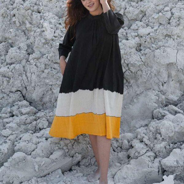 Women's Cotton Tie-Dye Print Loose Short Sleeveless Tunic Dress ( Black Yellow )