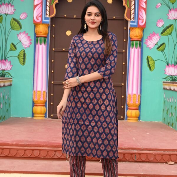 Navy Blue Cotton Kurta Set for Women ? Red Block Print with Striped Pants