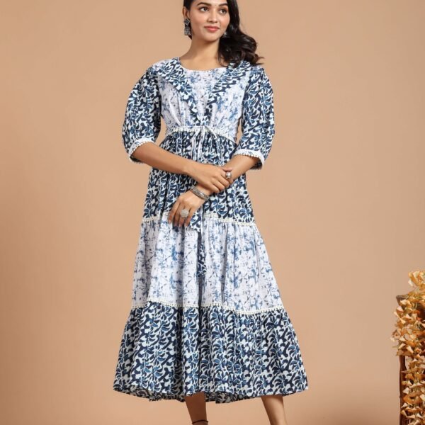 Blue & White Tiered Maxi Dress with Puff Sleeves and Tie-Up Waist