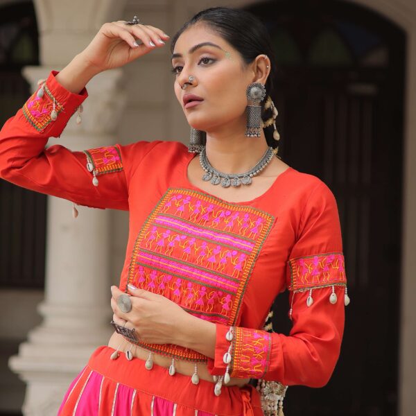 Roman Fabric Mirror-Embellished Navratri Lehenga Choli Set