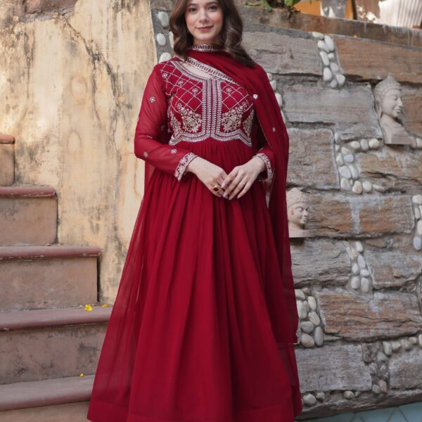 Maroon Faux Blooming Gown with Sequins & Beads Embroidered Dupatta