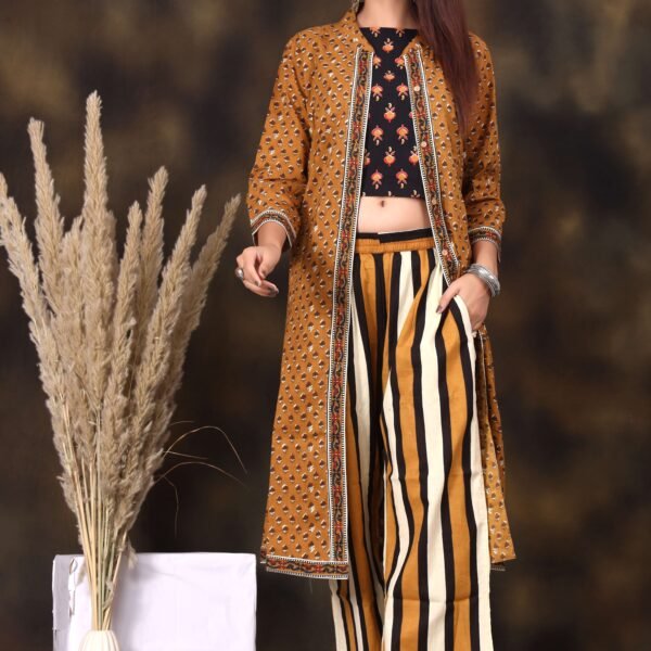 Women's Printed Long Shrug with Crop Top & Striped Pant Set