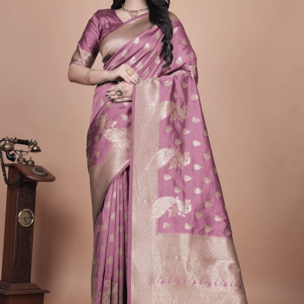 Mauve Purple Banarasi Silk Saree with Golden Zari & Peacock Motifs | Wedding, Festive & Traditional Designer Saree