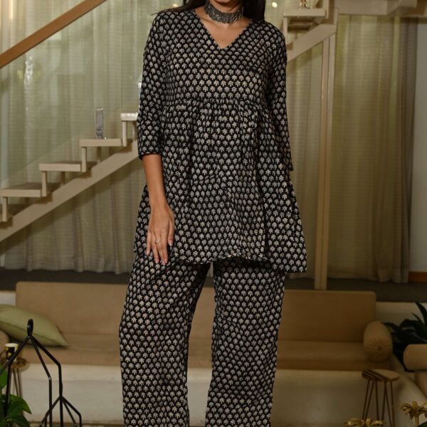 Black Block Print Cotton Co-ord Set for Women ? Peplum Kurta & Straight Pants
