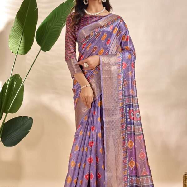 Patola-Inspired Purple Soft Silk Saree with Geometric & Floral Motifs