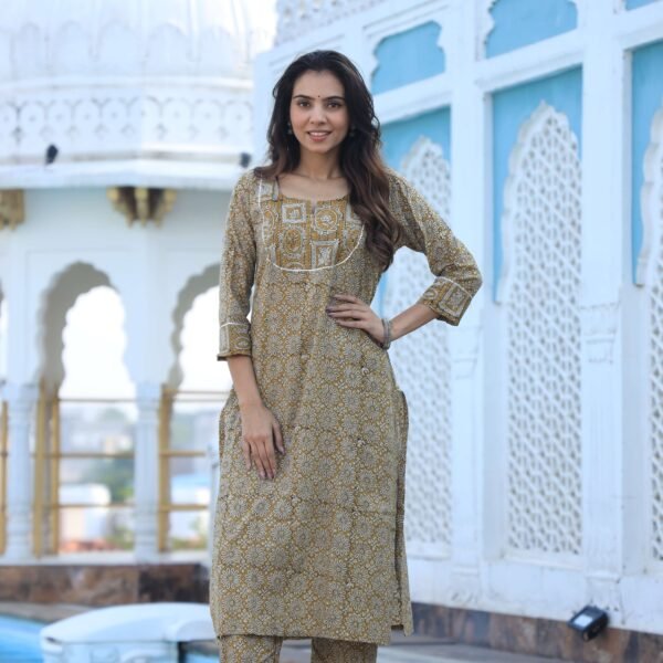 Mustard Yellow Cotton Kurta Set for Women ? Floral Print with Contrasting Yoke & Straight Pants