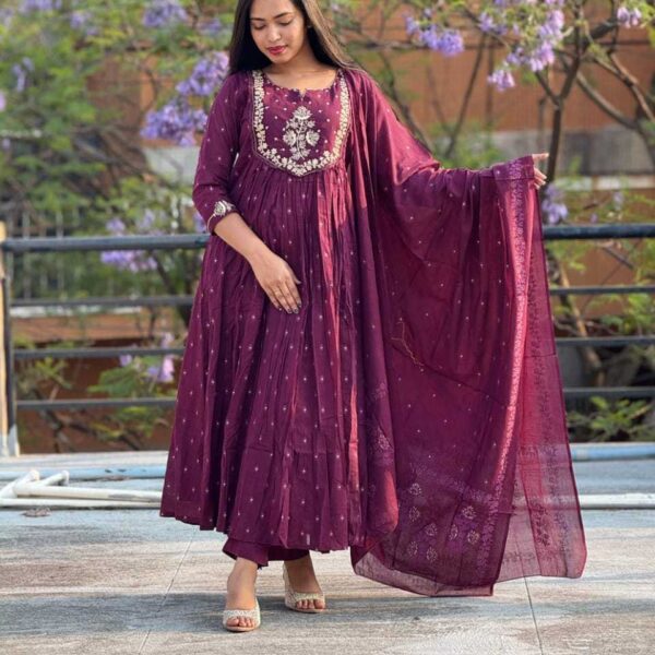 Women's Cotton Embroidery Anarkali Kurti and Pant with Dupatta Set