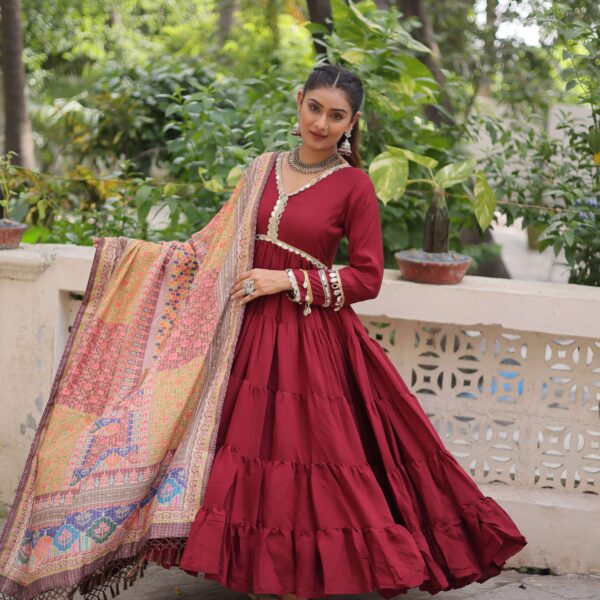 Maroon Gown with Dupatta ? Frill Stitching & Mirror Lace Work Ethnic Set for Women
