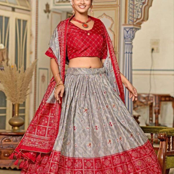 Grey Dola Silk Lehenga Choli with Red Blouse & Minakari Foil Print | Wedding & Party Wear