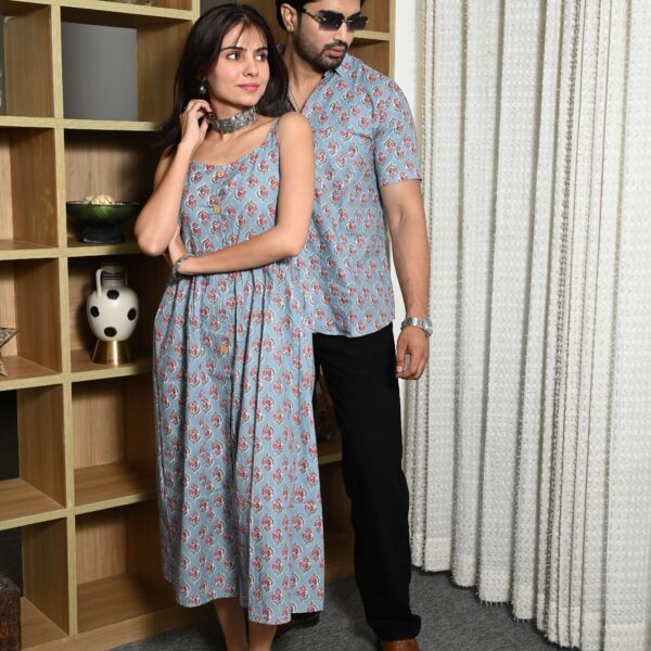 Couple Matching Outfit ? Blue Cotton Printed Midi Dress & Shirt Set, Casual Summer Wear